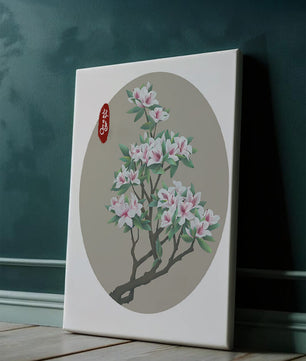 Obra floral delicada con magnolias en flor en estilo oriental