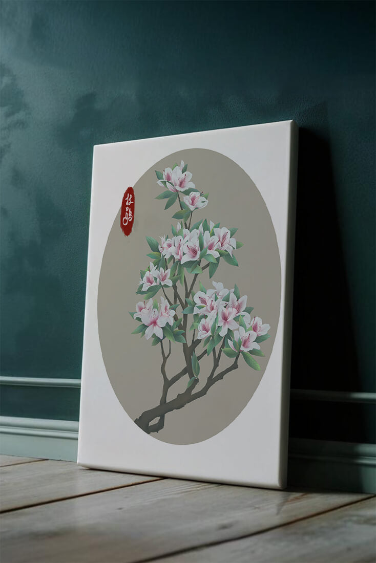 Obra floral delicada con magnolias en flor en estilo oriental
