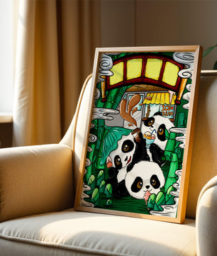 Ilustración de pandas encantadores disfrutando de helado bajo un puente de bambú