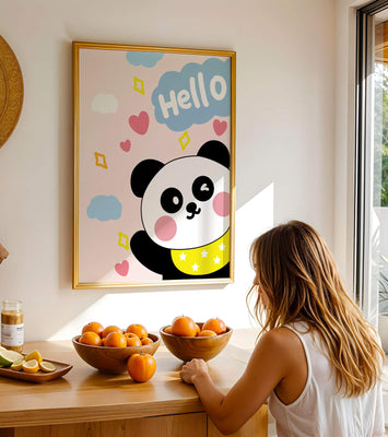 Panda illustration with playful elements and pastel colors