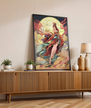 An enchanting depiction of a celestial figure with a mystical rabbit and vibrant attire