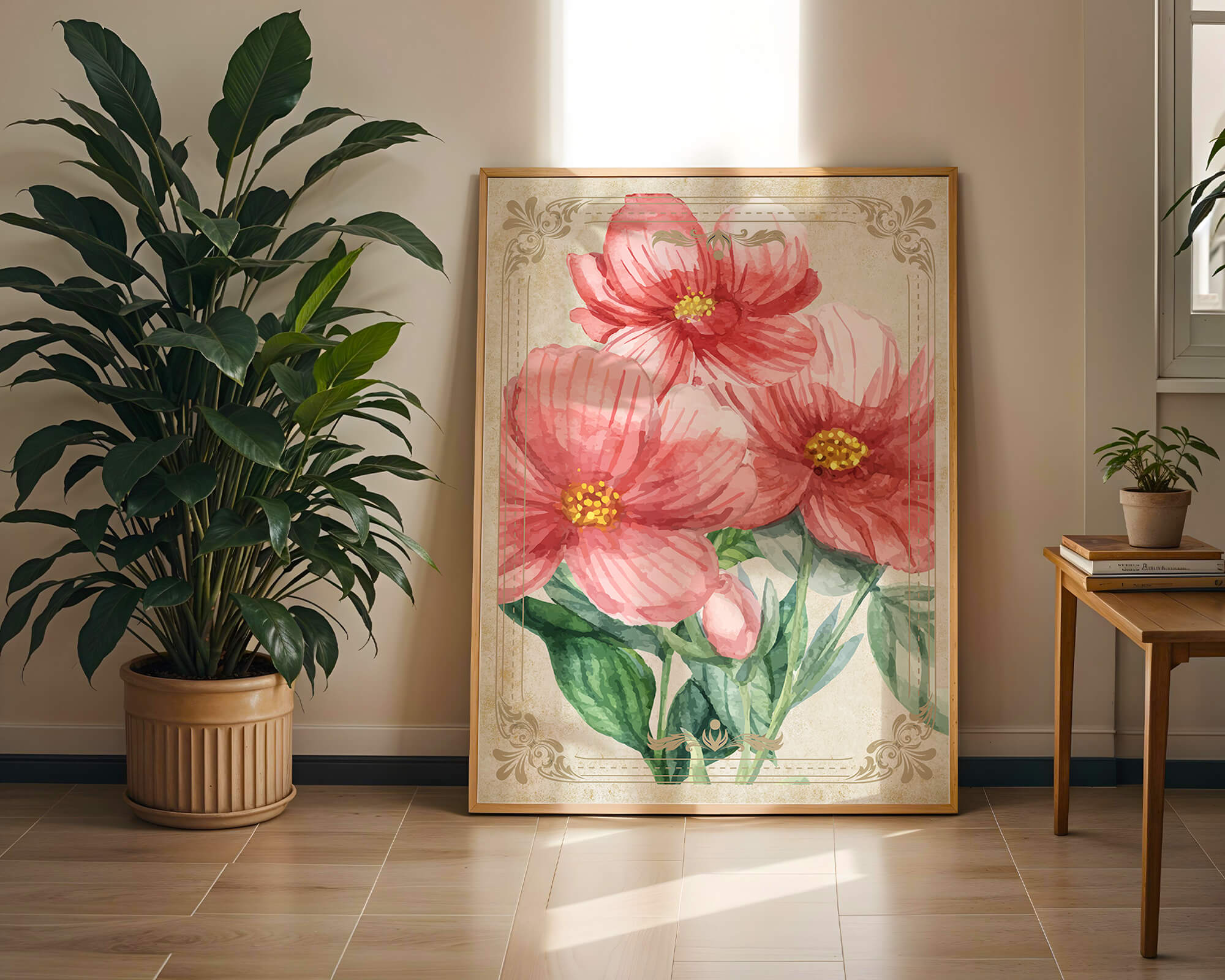 Watercolor floral illustration with pink blooms and green foliage