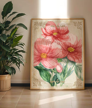 Watercolor floral illustration with pink blooms and green foliage