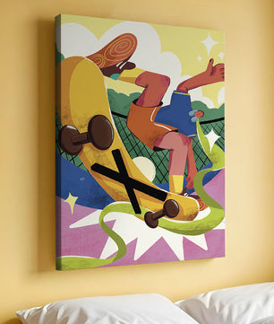 Ilustración abstracta colorida con un skater en movimiento dinámico
