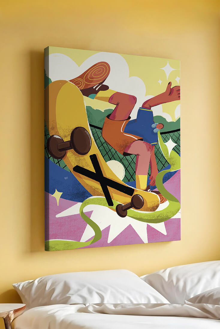 Ilustración abstracta colorida con un skater en movimiento dinámico