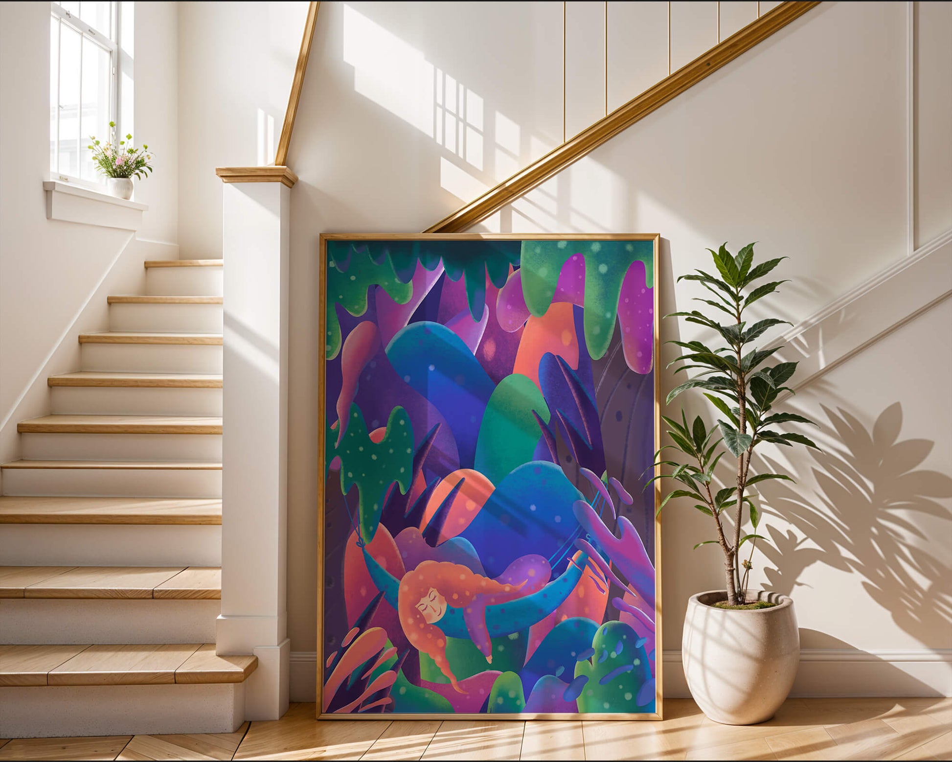 Selva surrealista onírica con mujer dormida