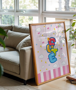Playful pastel illustration with cute characters and clouds