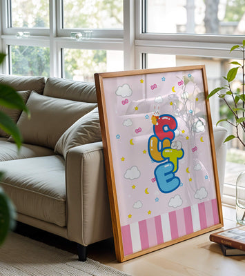 Playful pastel illustration with cute characters and clouds