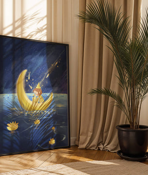 Voyage nocturne magique avec une fille dans un bateau-lune doré