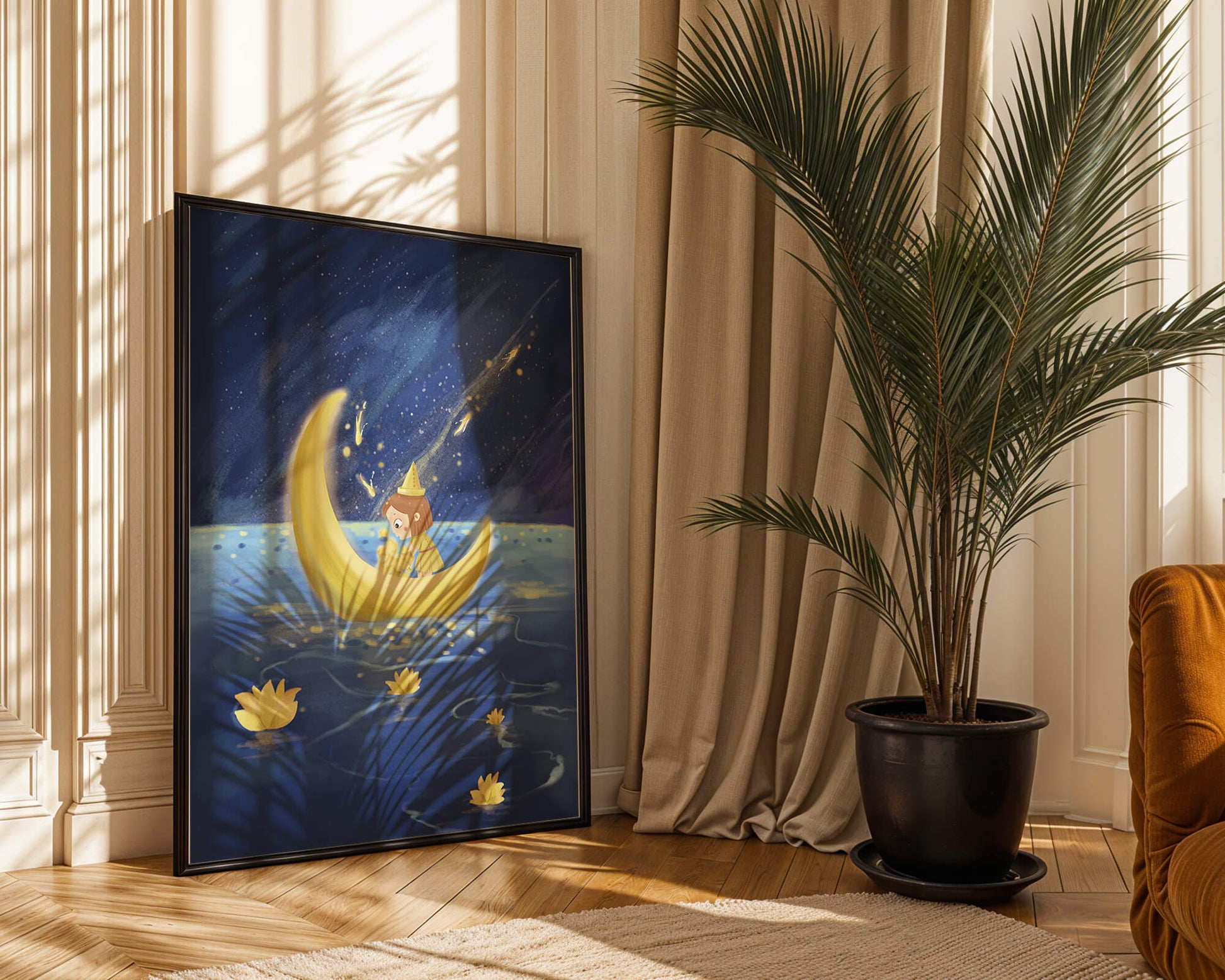 Magical Night Journey with Girl in Golden Moon Boat