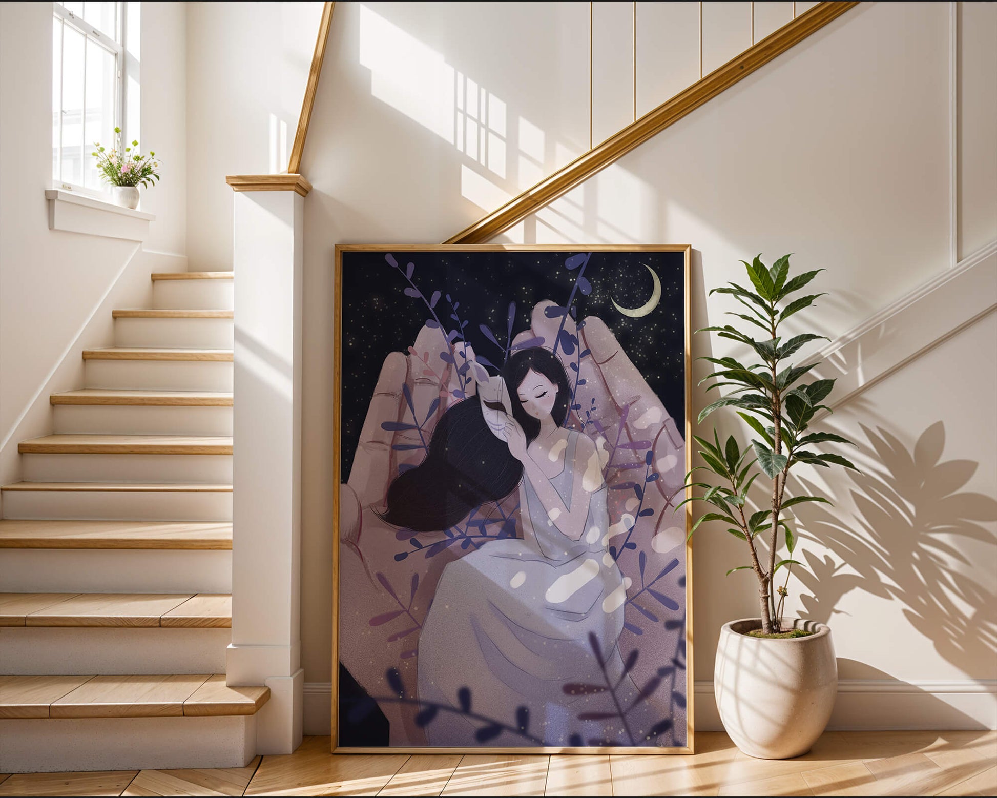 Un momento tierno bajo la luz de la luna con máscara y atmósfera onírica