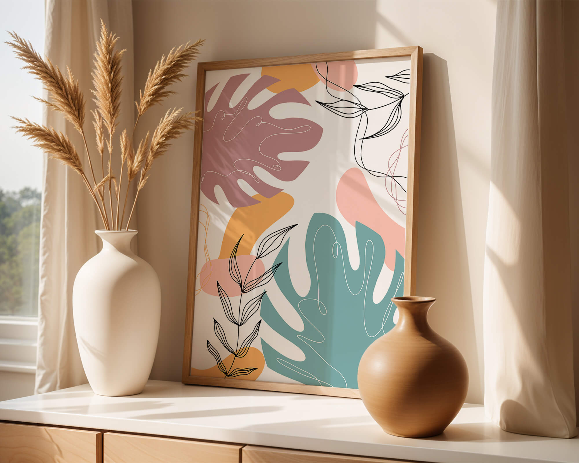 Abstract botanical illustration with colorful leaf patterns