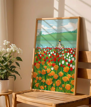 Woman with bicycle in vibrant tulip field by a lake