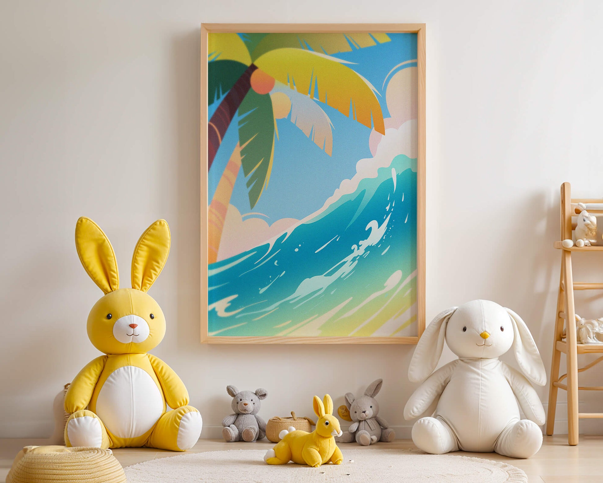 Escena vibrante de playa tropical con palmera y ola del océano