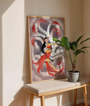 Graceful fantasy fox spirit with flowing tails and red attire in mystical clouds