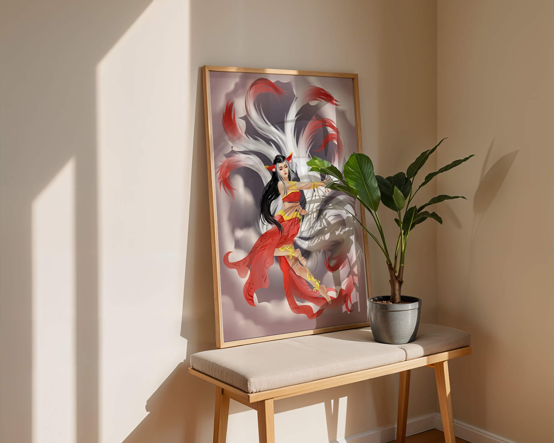 Graceful fantasy fox spirit with flowing tails and red attire in mystical clouds