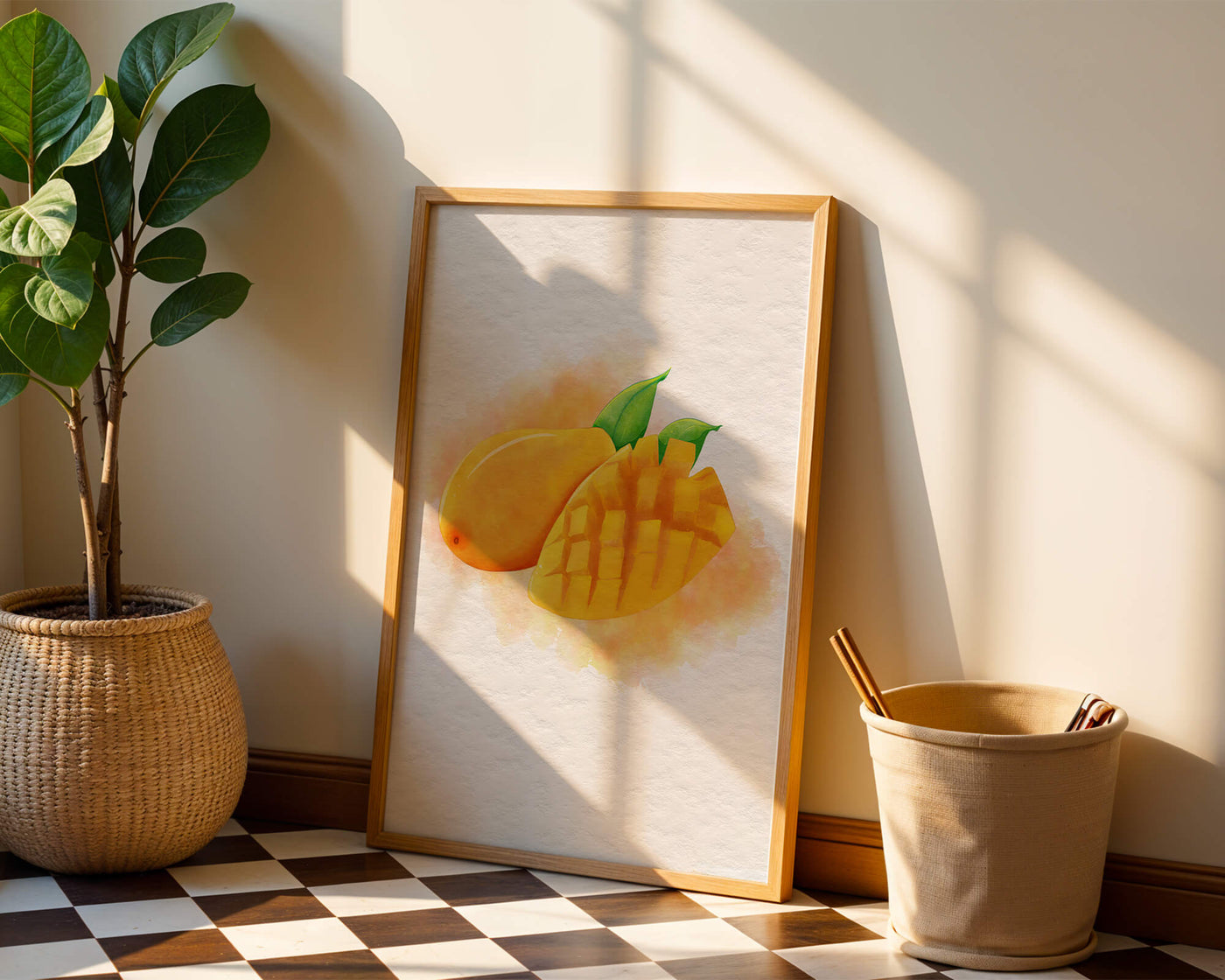 Watercolor depiction of a ripe mango with leaves on textured background