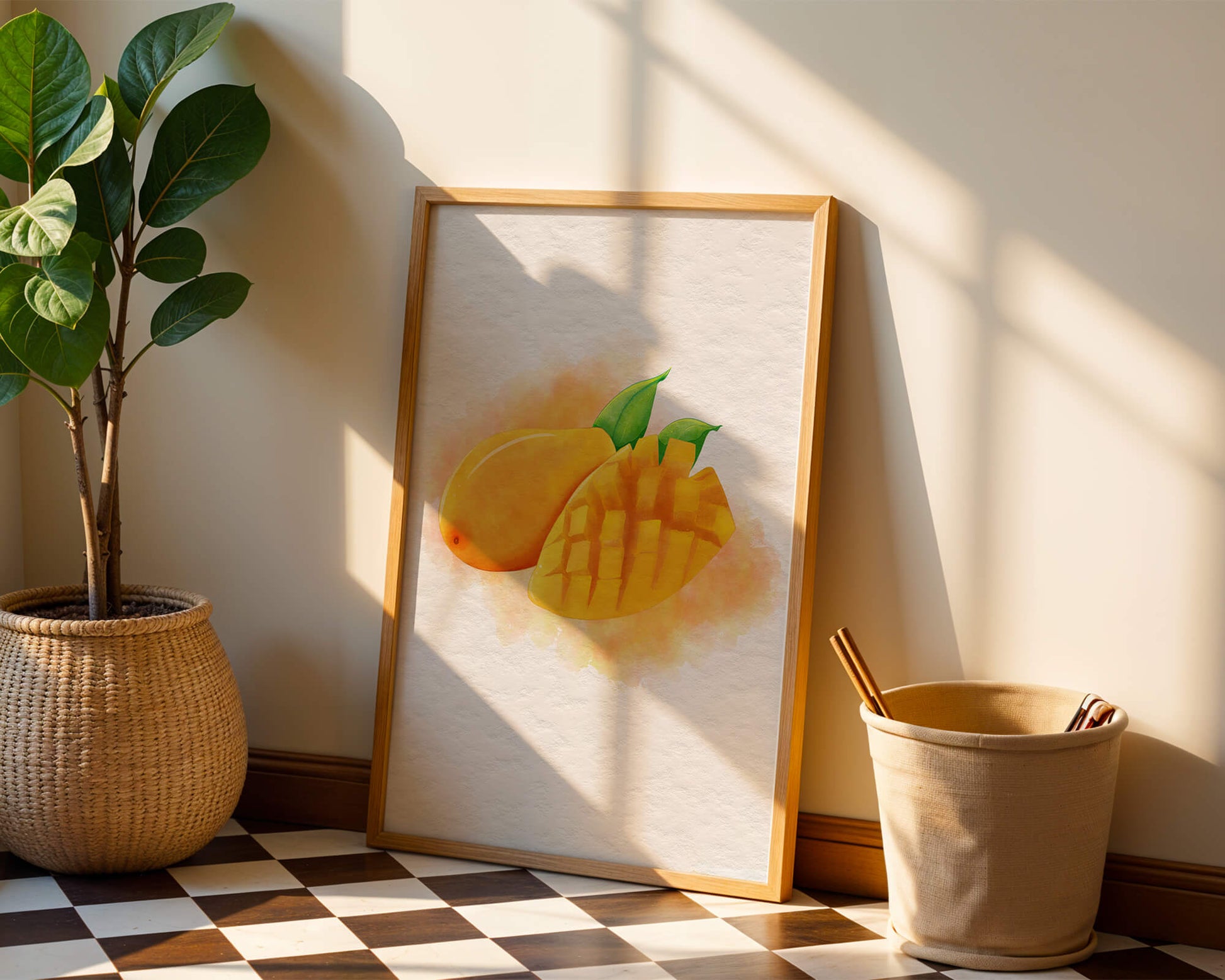 Watercolor depiction of a ripe mango with leaves on textured background