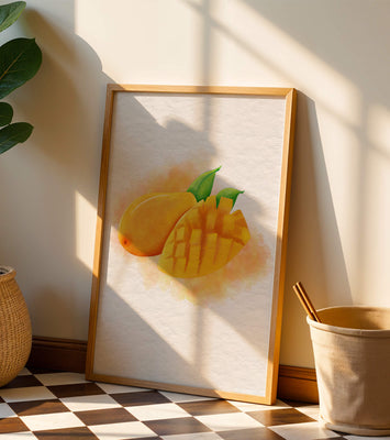 Watercolor depiction of a ripe mango with leaves on textured background