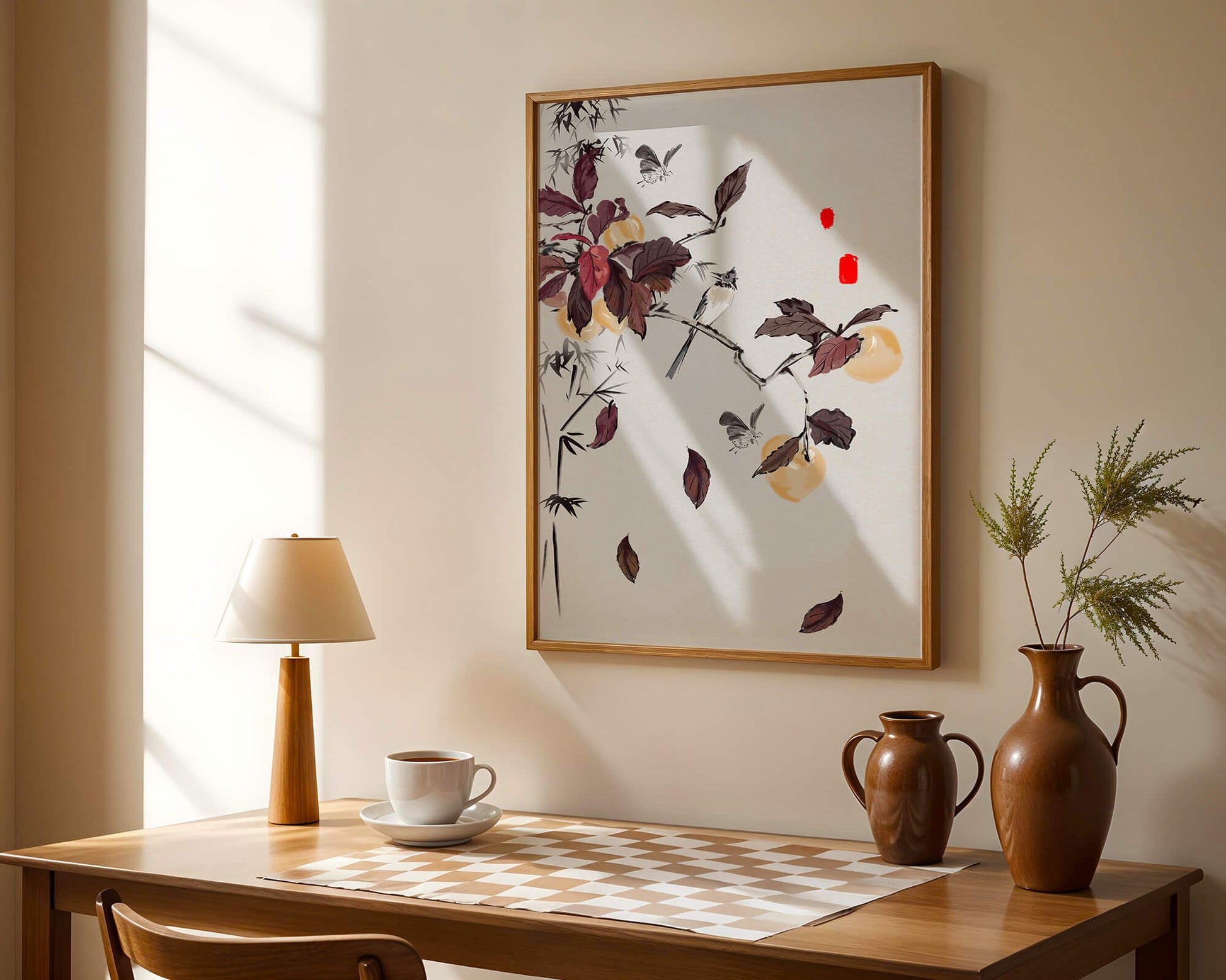 Elegant nature illustration featuring butterflies and birds on a branch