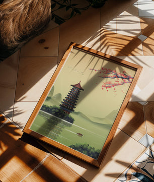 Serene landscape with traditional pagoda and blooming cherry blossoms