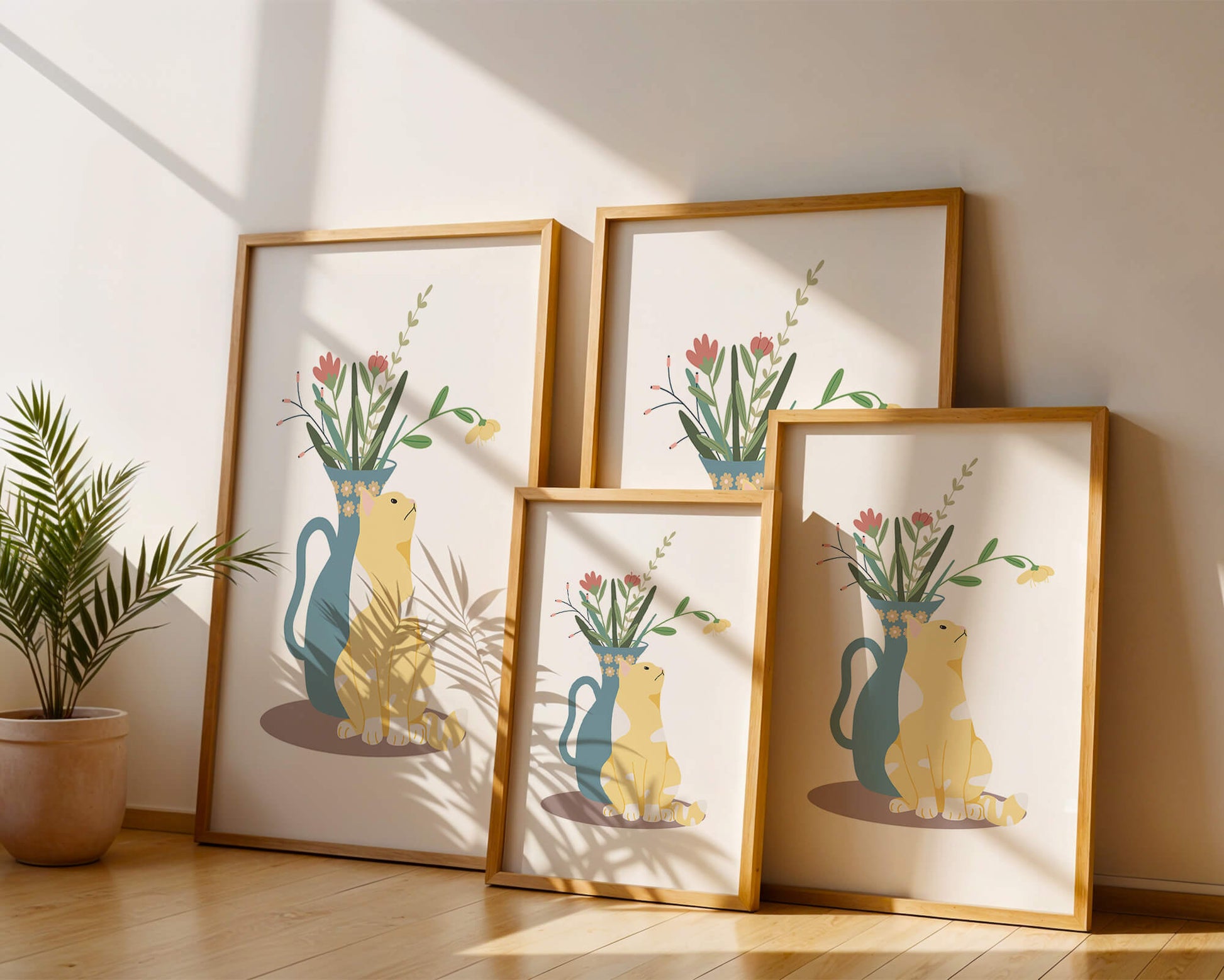 Illustration of a cat sitting beside a floral vase