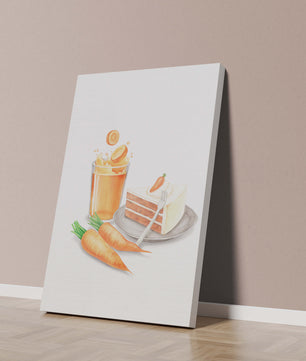 Illustration von Karottenkuchen und Saft mit frischen Karotten