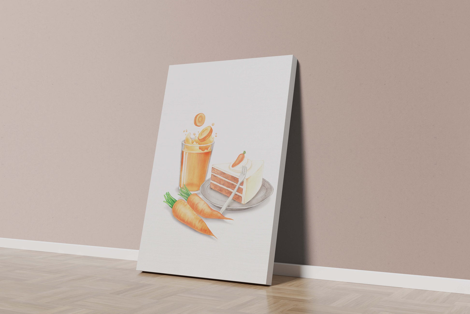 Illustration von Karottenkuchen und Saft mit frischen Karotten