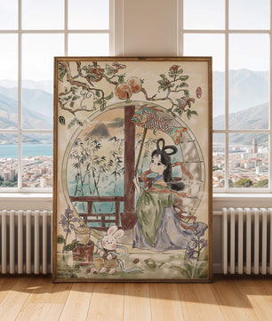 Peaceful Garden Scene with Girl and Rabbit