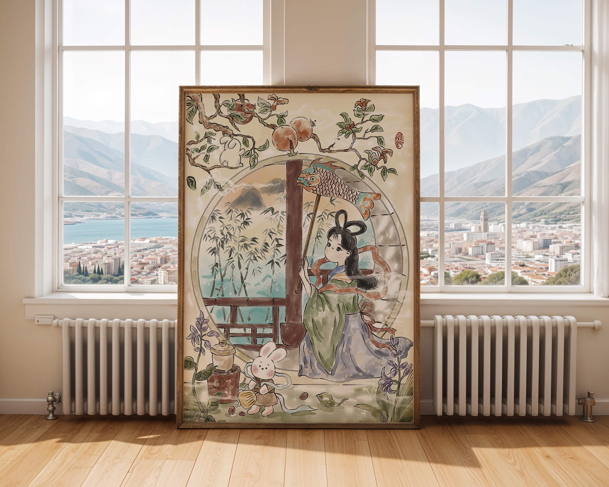 Escena de jardín tranquilo con una niña y un conejo