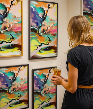 Pintura abstracta colorida con líneas vibrantes y dinámicas