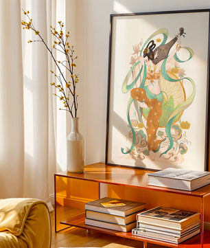 Elegant depiction of an Asian-inspired musician with floral and ribbon motifs