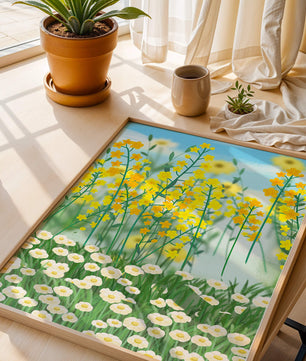 Frühlingwiese mit blühenden gelben und weißen Blumen