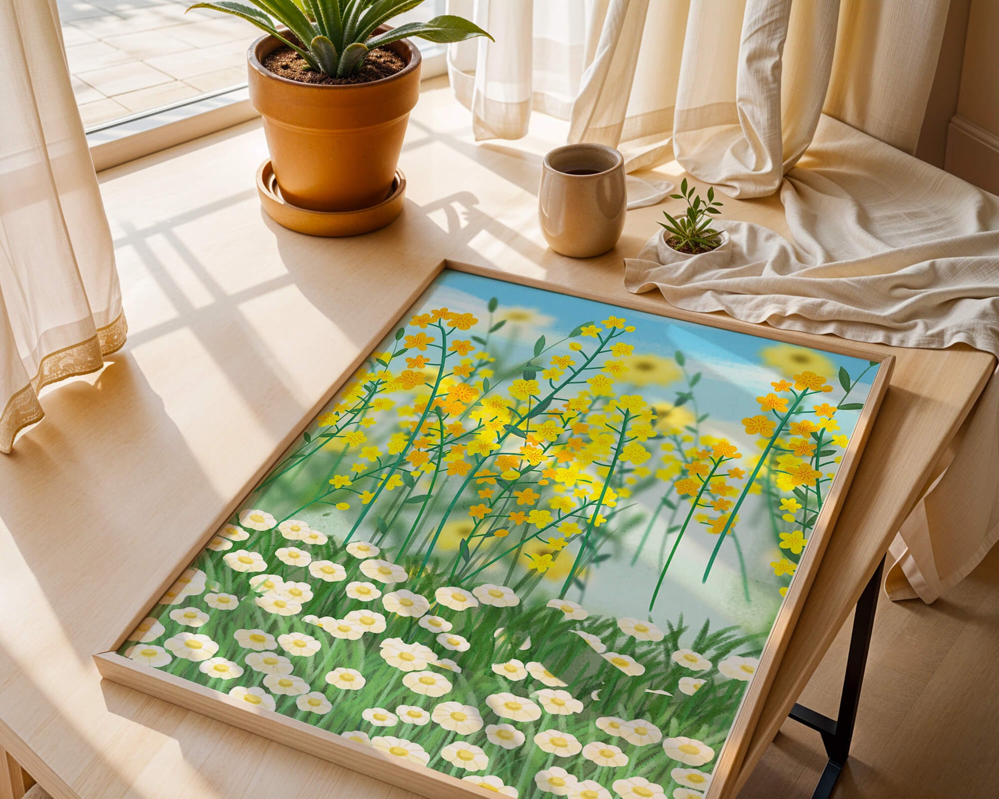 Springtime Meadow With Blooming Yellow And White Flowers