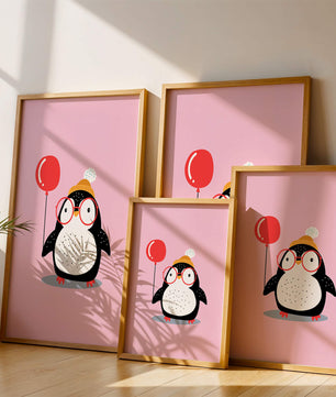 Ilustración adorable de un pingüino con globo y gafas