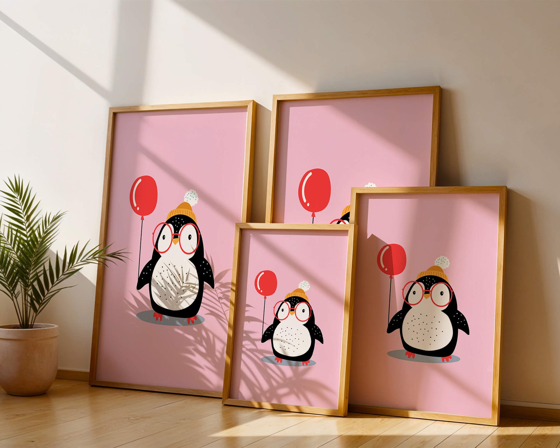 Adorable penguin with balloon and glasses illustration