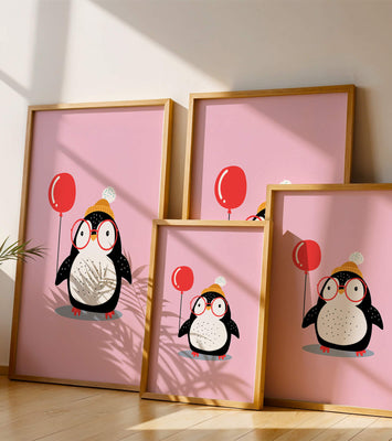 Adorable penguin with balloon and glasses illustration