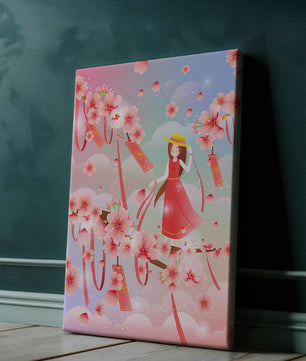 Scène printanière sereine avec des cerisiers en fleurs et une fille portant un chapeau