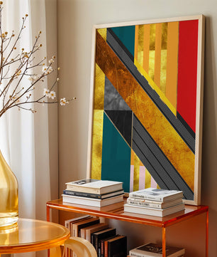 Abstract geometric design with gold accents and vibrant colors