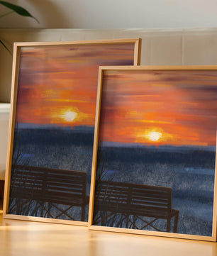 Serene Sunset Overlooking the Ocean with a Wooden Bench