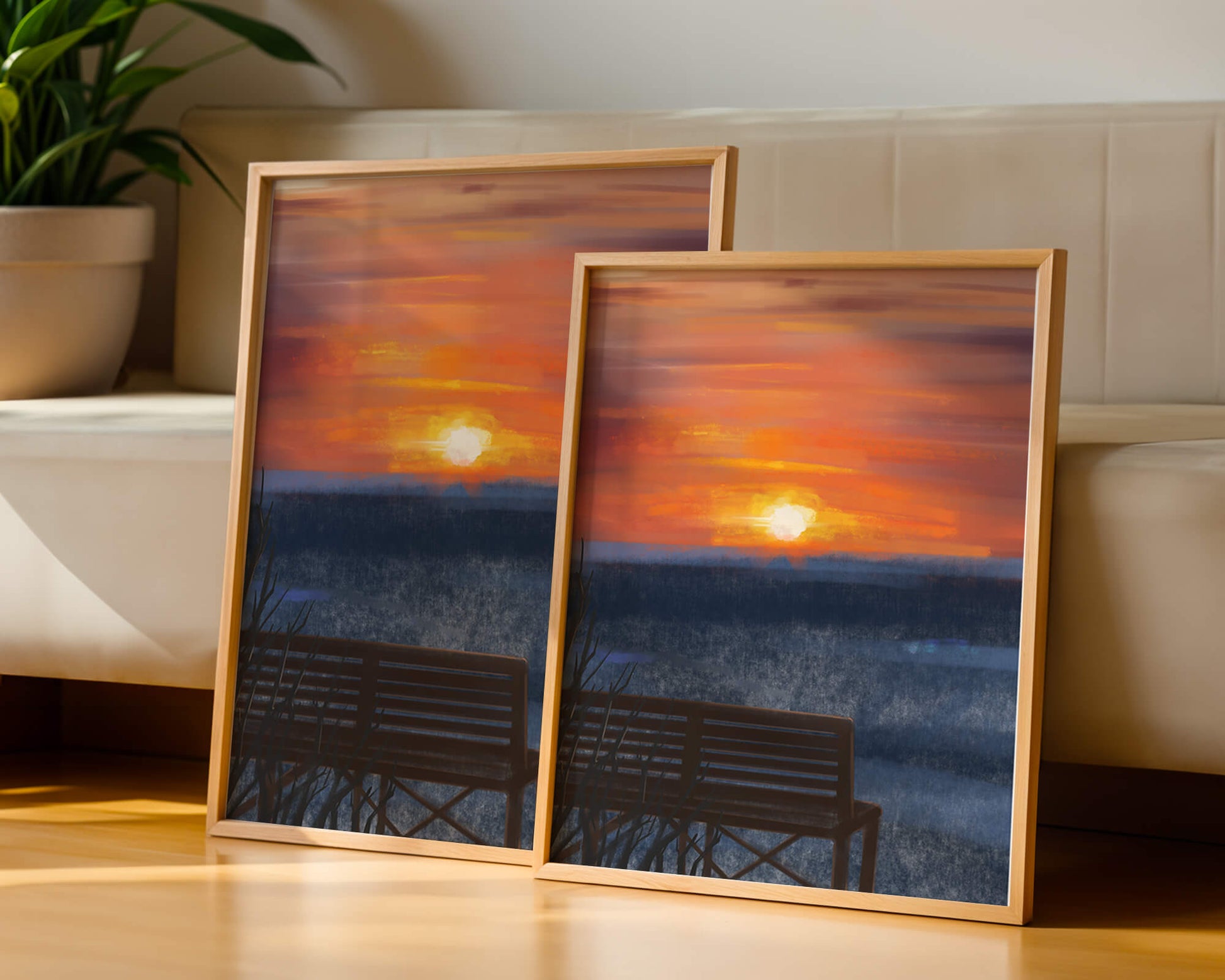 Serene Sunset Overlooking the Ocean with a Wooden Bench