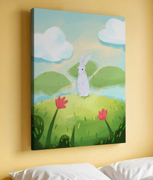 Paisaje caprichoso con conejo y flores coloridas
