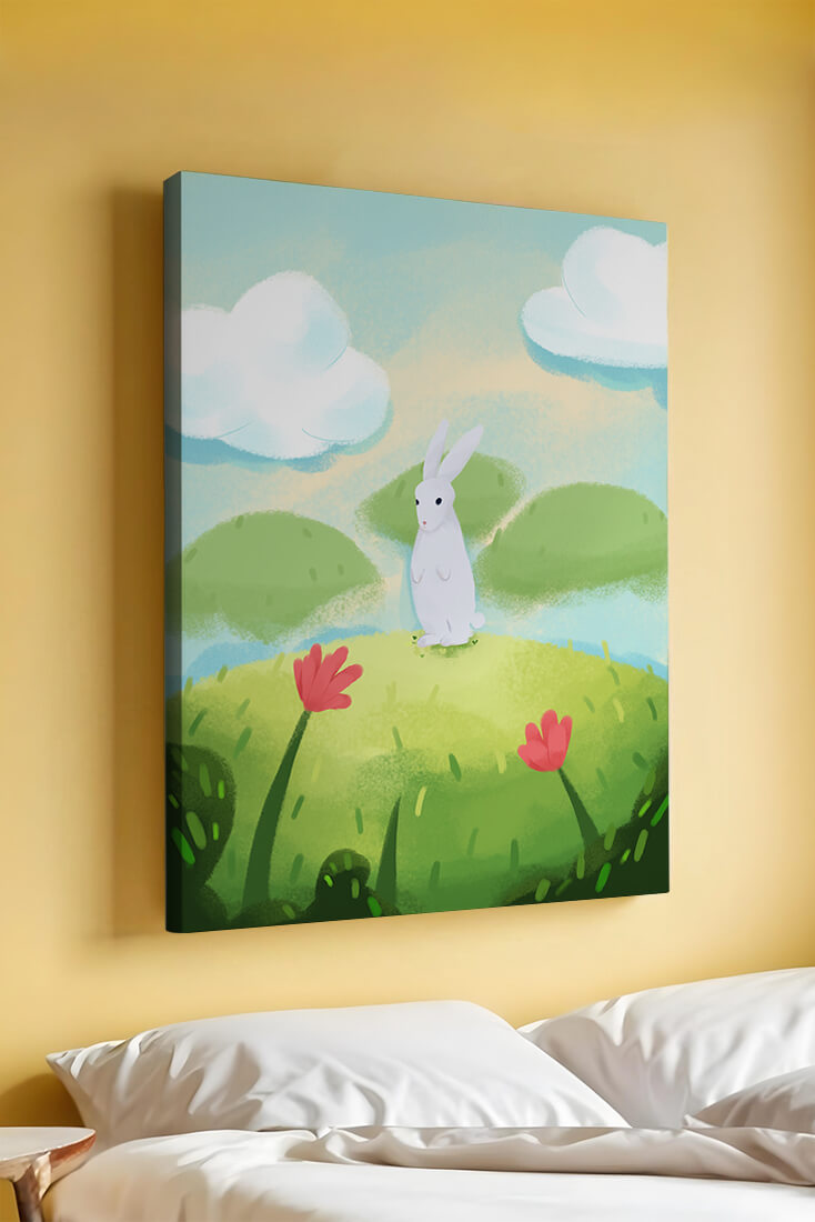 Whimsical landscape with rabbit and colorful flowers