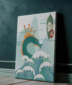 Illustration d’un dragon avec des vagues et des éléments traditionnels chinois