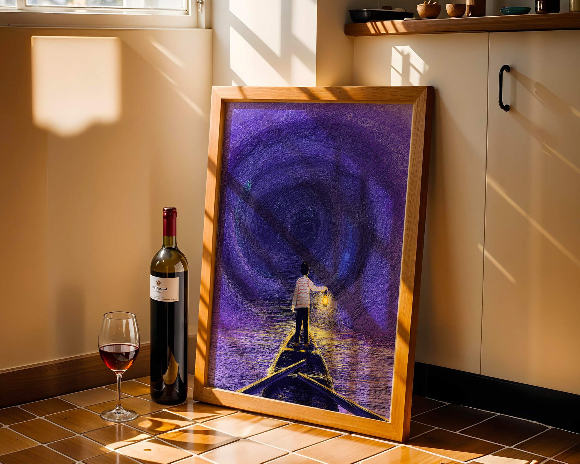 A boy holding a lantern on a boat in a swirling purple vortex