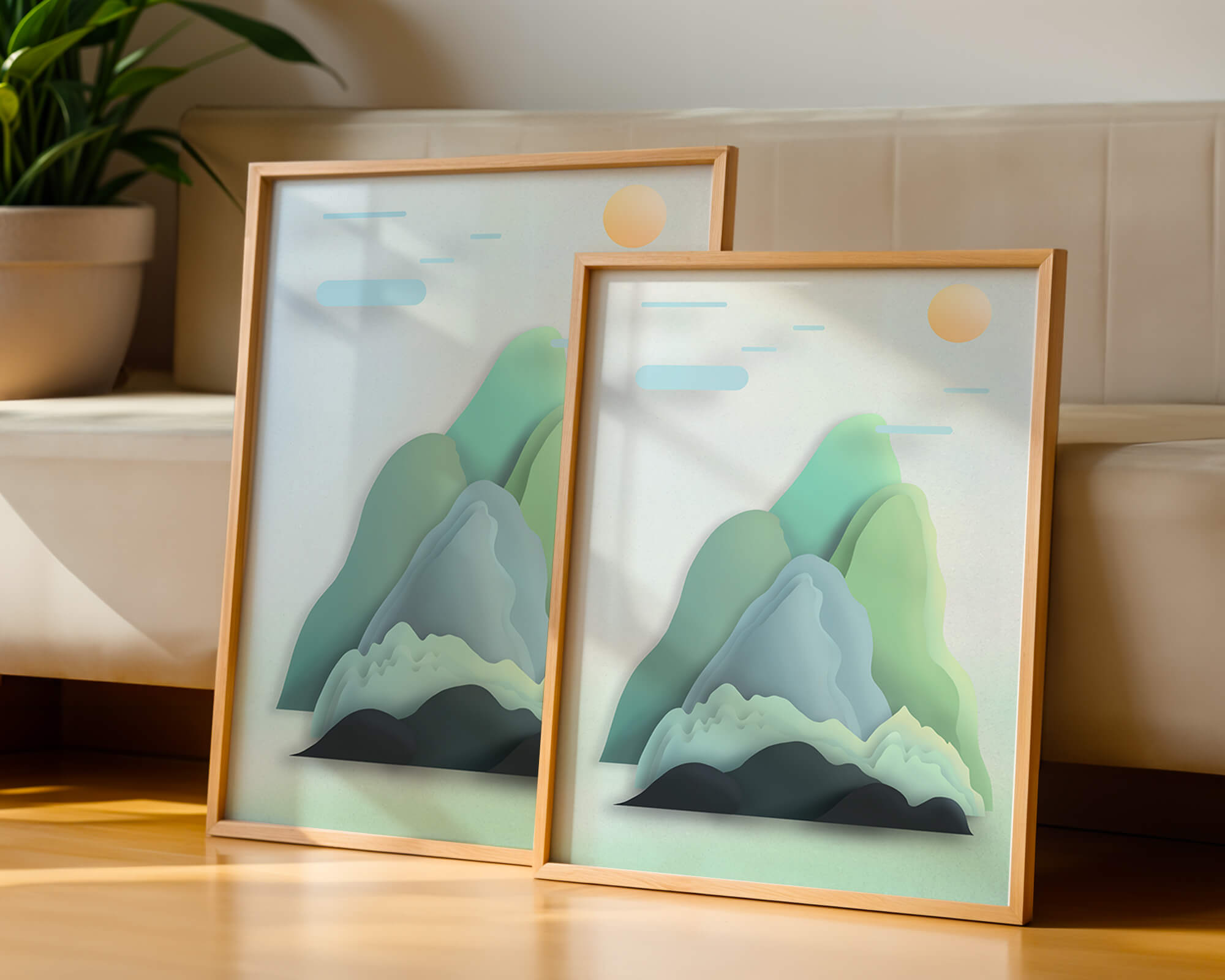 Minimalistic mountain landscape with vibrant colors and abstract layers