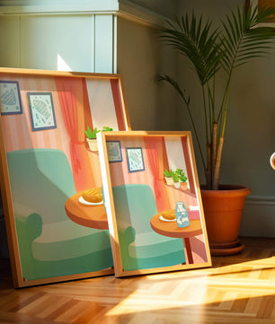 Sala de estar acogedora con mesa y cartón de leche