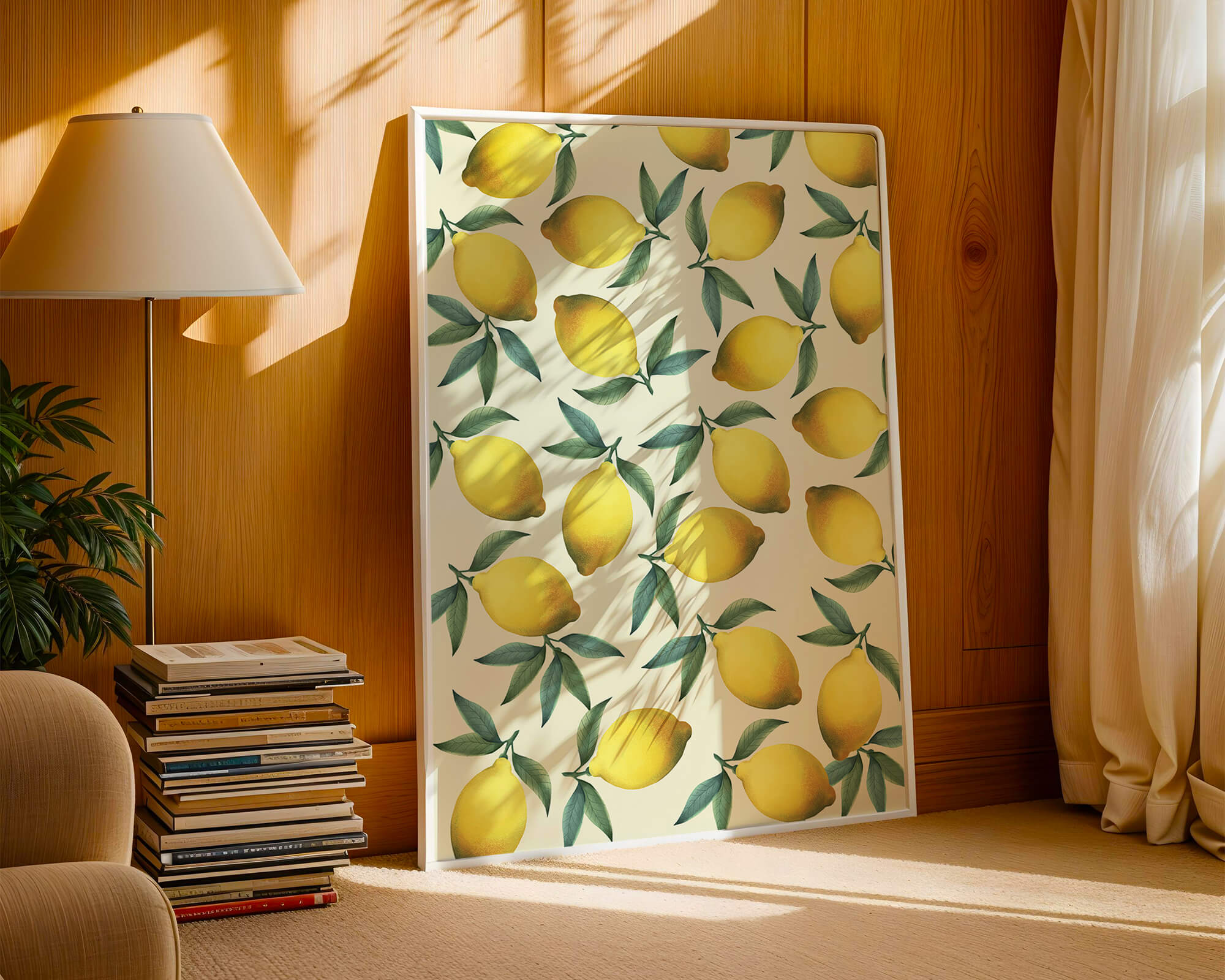 Vibrant lemon pattern with green leaves on a light background