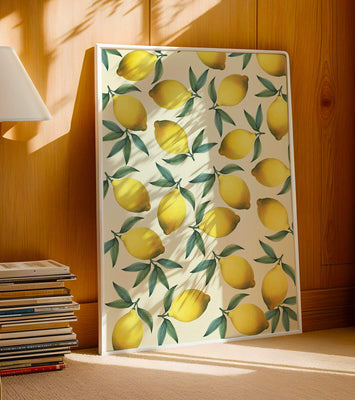 Vibrant lemon pattern with green leaves on a light background
