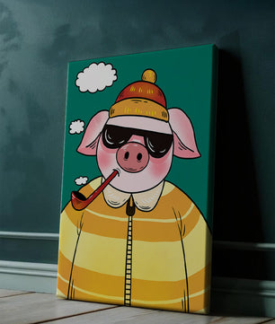 Cerdo elegante con gafas de sol y pipa contra un cielo turquesa